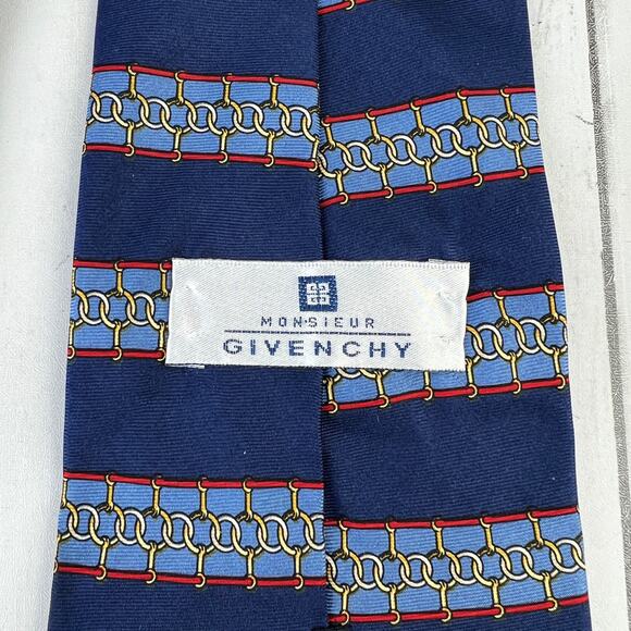 VTG Givenchy Monsieur Blue Link Striped Silk Necktie Tie Business Office - Picture 10 of 11